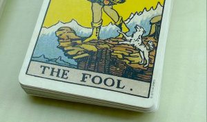 A picture of the Fool Card in a Tarot Deck