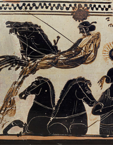 A depiction of Nyx pulling the night across the sky in her chariot of black horses from a vase ca. 500 B.C., courtesy of the Metropolitan Museum.