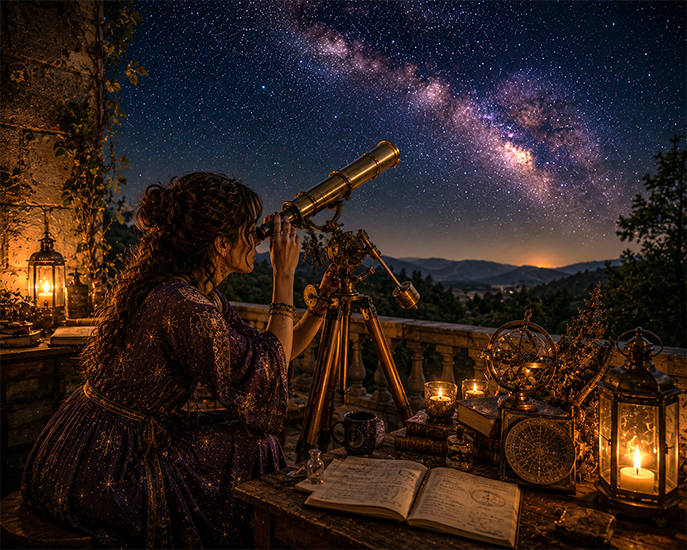 Woman peering through telescope at milky way
