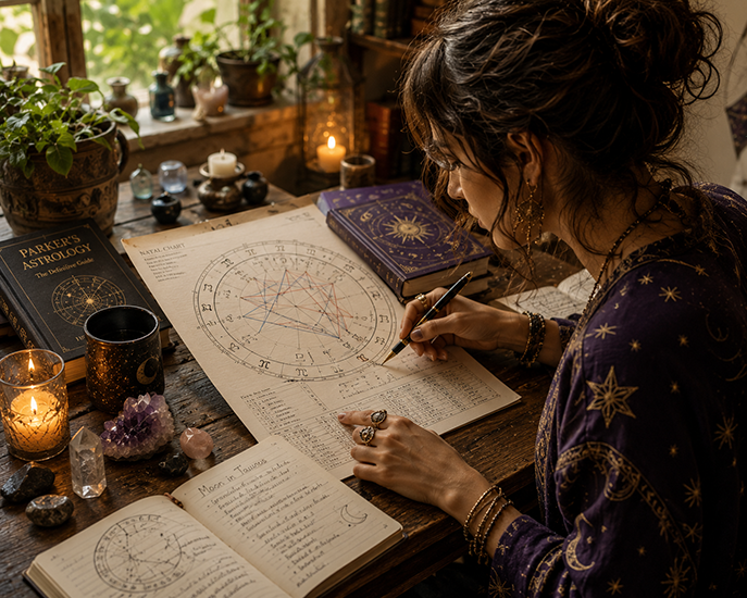 Woman writing on astrological charts