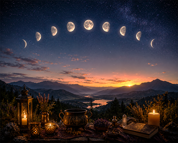 Night view of moon phases over a beautiful lake and mountains