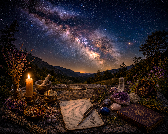 Night view of milky way galaxy over table with writing on parchment