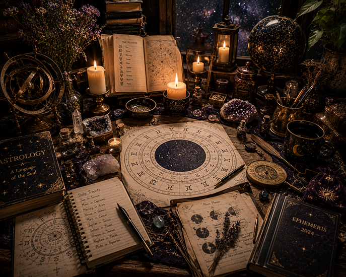 Books, candles, and astrological charts