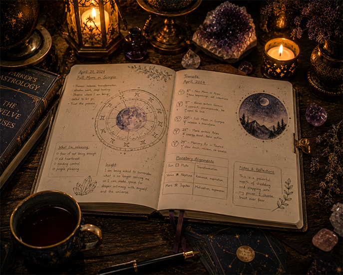 book with astrological information surrounded by candles and mug