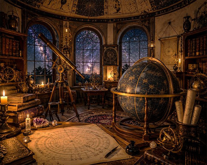 Observatory at night with globe, telescope, and books