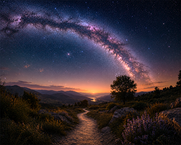 Sunrise over a path with galaxy in night sky overhead