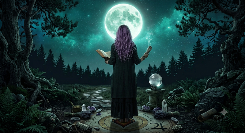 Witch facing away and performing a spell while gazing at the moon