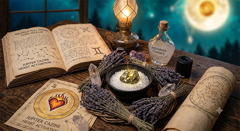 Gold nugget in a bowl of salt surrounded by lavendar and crystals