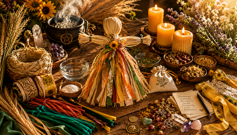 Golden Harvest Doll in a witchy setting
