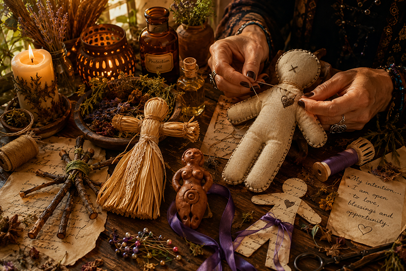 A warmly lit tabletop scene showing a person hand-stitching a beige cloth doll, surrounded by candles, dried herbs and flowers, small bottles of oils, twine figures, handwritten intention notes, ribbons, and other folk-magic crafting materials.