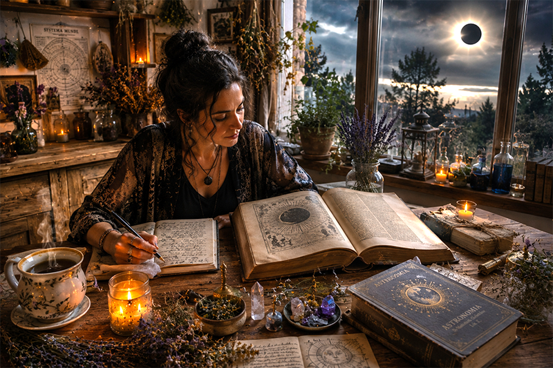 Person writing in a large mystical book at a wooden desk surrounded by candles, crystals, herbs, and astronomical charts, with a dramatic solar eclipse visible through the window behind them.