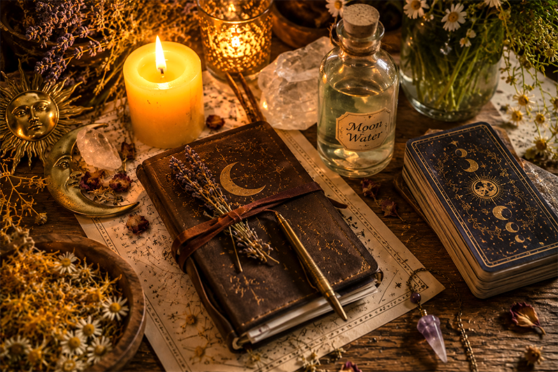 Candlelit wooden table with a moon‑themed leather journal, celestial tarot cards, a bottle labeled “Moon Water,” crystals, dried flowers, and a brass sun‑and‑moon ornament arranged in a mystical ritual setting.