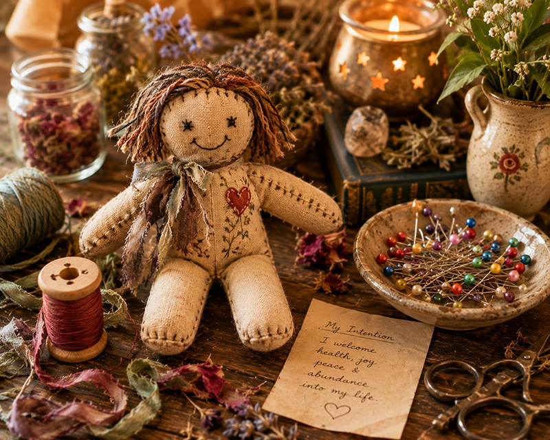 A handmade cloth doll with yarn hair, a stitched smile, and an embroidered red heart sits on a rustic wooden table surrounded by dried flowers, herbs, colorful sewing pins, thread, scissors, a glowing candle, and a handwritten intention note welcoming health, joy, peace, and abundance.