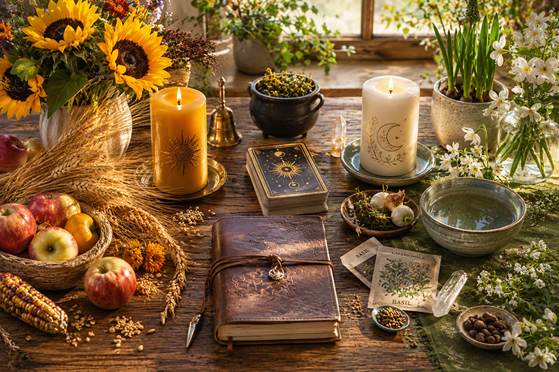 Rustic wooden table arranged with sunflowers, wheat stalks, fruit, sun‑ and moon‑themed candles, celestial tarot decks, a leather journal with a crystal pendant, herbs, seeds, crystals, and potted plants in a nature‑inspired ritual setting.