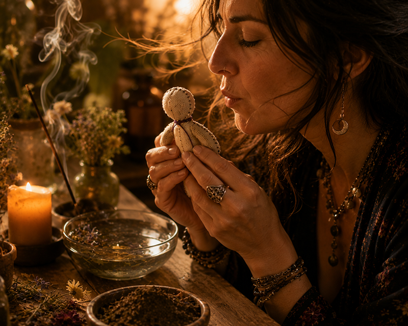 A woman holds a small handmade cloth doll close to her face while gently blowing toward it, surrounded by a glowing candle, curling incense smoke, dried herbs, flowers, and bowls on a warmly lit wooden table.