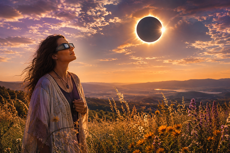 Person standing in a field of wildflowers wearing eclipse glasses and watching a total solar eclipse as the sun’s corona glows in a dramatic sunset sky over distant hills.