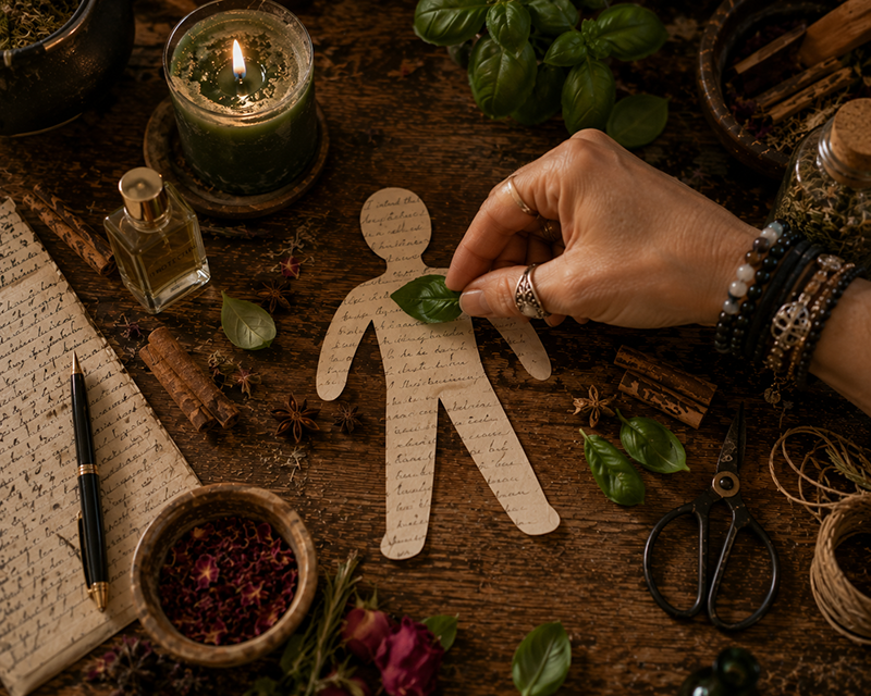 A hand places a fresh green leaf onto a paper cutout shaped like a person, surrounded by a glowing green candle, basil leaves, dried herbs and spices, a handwritten journal, scissors, twine, and small bottles on a rustic wooden table.