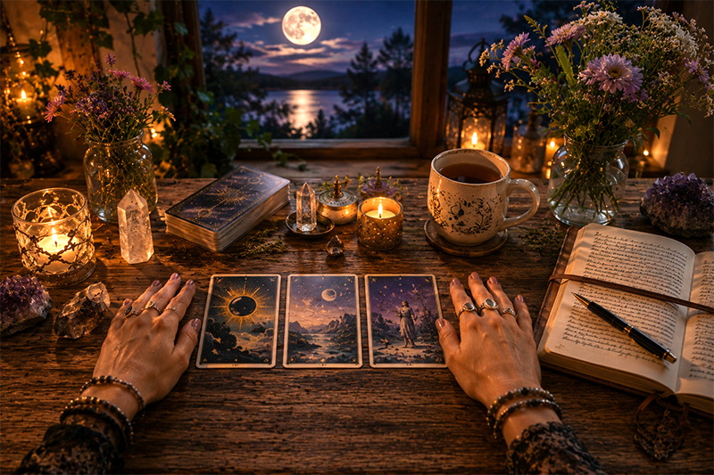 Candlelit wooden table with three celestial tarot cards laid out before adorned hands, surrounded by crystals, candles, a tea cup, an open journal, and flowers, with a full moon glowing over a lake and forest through the window.
