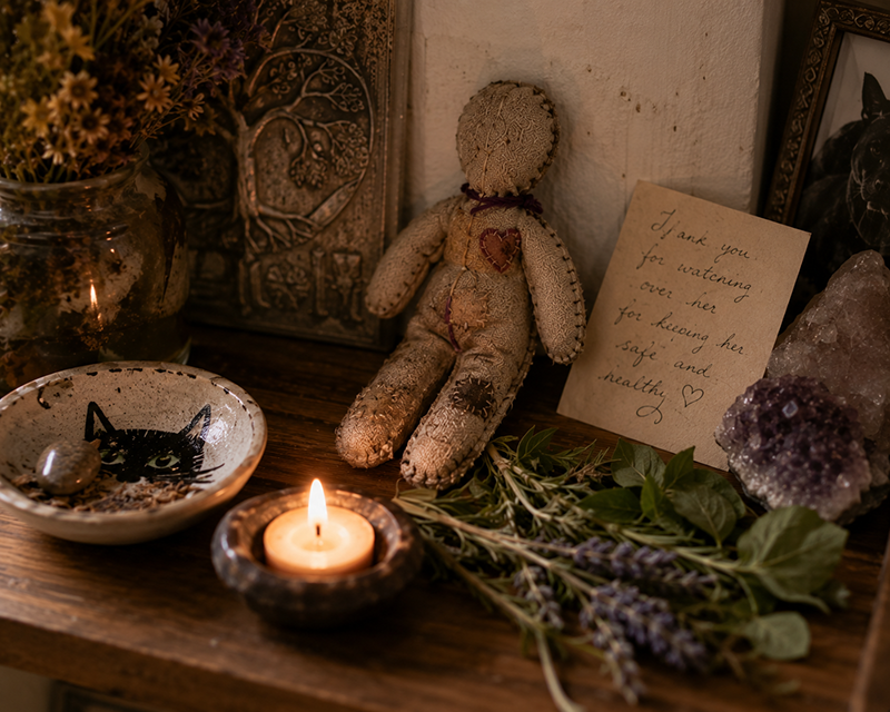 A handmade cloth doll with stitched heart patches rests on a wooden altar beside a handwritten note expressing gratitude for keeping “her” safe and healthy, surrounded by a lit candle, dried lavender and greenery, crystals, flowers, and decorative objects.