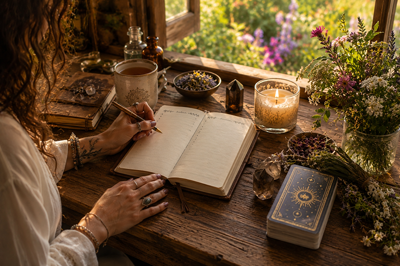 Sunlit wooden desk with a person writing in an open notebook surrounded by tea, dried herbs, crystals, tarot cards, flowers, and small glass bottles, creating a cozy, contemplative atmosphere.