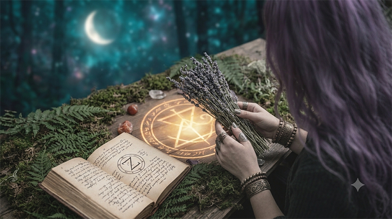A mystical forest scene shows a person with long purple hair holding a bundle of lavender over a moss-covered table. An open handwritten spellbook lies beside crystals and a glowing pentagram symbol, while a crescent moon shines through the teal, starry woods in the background.