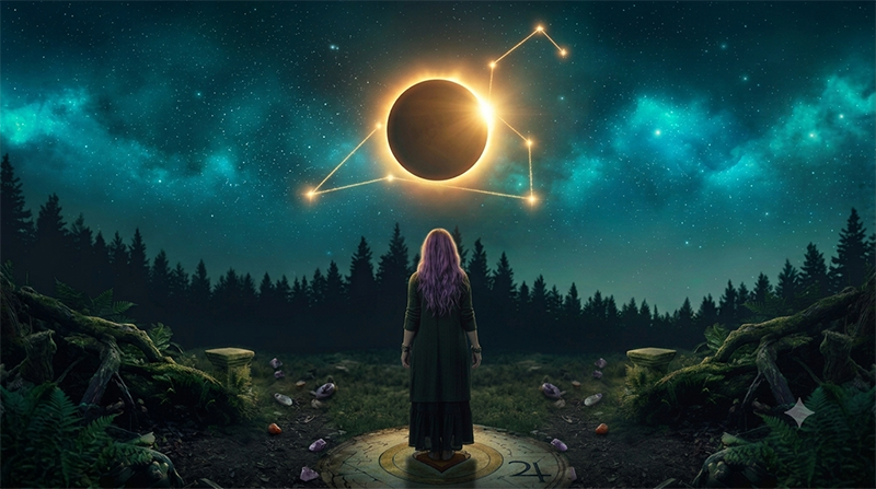A woman with long purple hair stands in a dark forest clearing beneath a dramatic solar eclipse, its glowing corona surrounded by illuminated constellation-like lines. Crystals and stones circle a carved ritual platform at her feet, while a star-filled teal sky and silhouetted evergreens create a mystical celestial atmosphere.