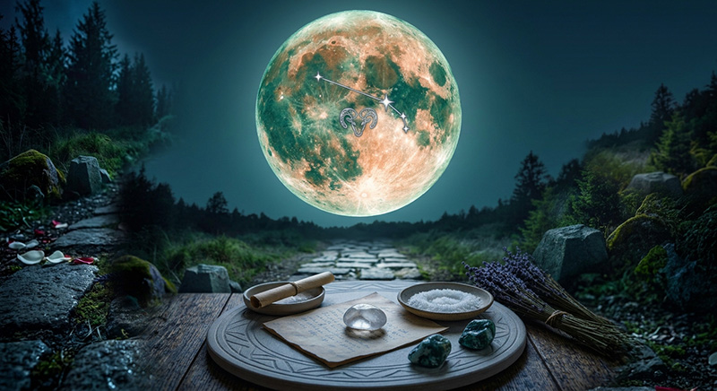 Full moon glowing above a forest path, featuring the Aries zodiac symbol and constellation, with crystals, herbs, salt, and ritual tools arranged on a wooden altar in the foreground.