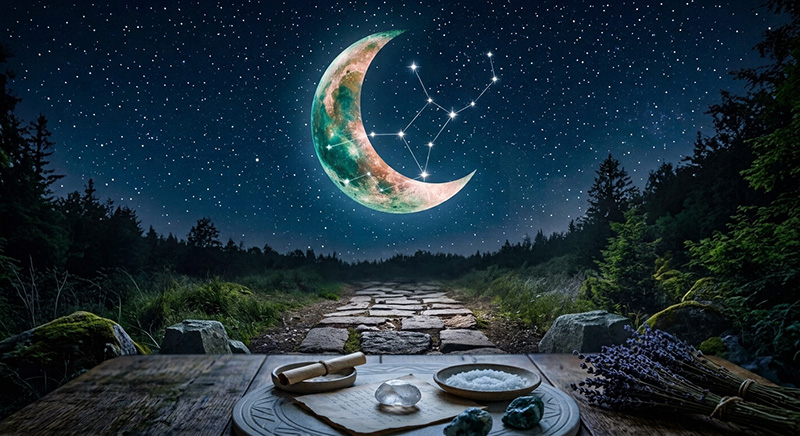 Mystical nighttime scene with a glowing crescent moon and constellation in a star-filled sky above a forest path, with crystals, lavender, salt, and a rolled parchment arranged on a wooden altar in the foreground.