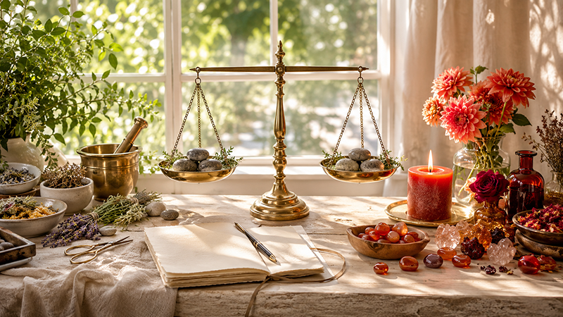 A sunlit mystical altar featuring a brass balance scale, an open journal, herbs, crystals, candles, flowers, and small ritual objects arranged beside a bright window.