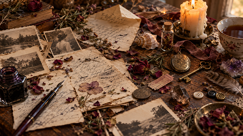 **Alt text:** Vintage mystical writing desk covered with handwritten letters, dried flowers, old photographs, a fountain pen, antique keys, pocket watch, crystals, herbs, a glowing candle, and a floral teacup.