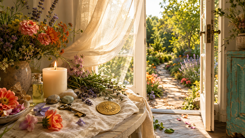 Sunlit altar table with a glowing candle, wildflowers, herbs, crystals, antique key, and celestial medallion beside an open doorway leading to a lush garden path.