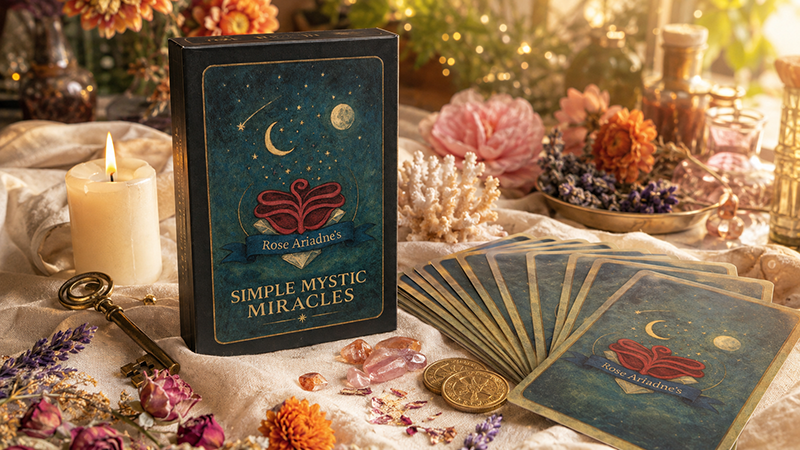 A mystical tarot deck displayed beside a lit candle, antique key, crystals, dried flowers, and herbs, with the Simple Mystic Miracles card box and fanned cards in warm golden light.