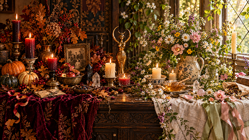 **Alt text:** Ornate mystical altar decorated with glowing candles, autumn leaves, pumpkins, crystals, an antique family photograph, a goddess statue, and a large arrangement of wildflowers beside a sunlit window.