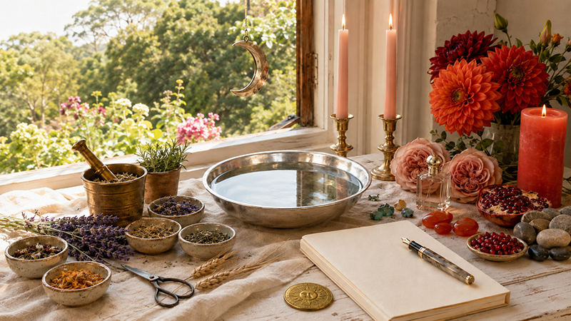 Sunlit ritual altar with candles, fresh flowers, herbs, crystals, bowls of botanicals, a water-filled silver basin, and an open journal beside a garden window with a hanging crescent moon.