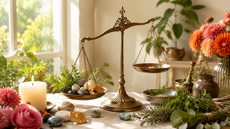 An antique brass balance scale surrounded by herbs, polished stones, a glowing candle, and colorful flowers on a sunlit mystical altar.