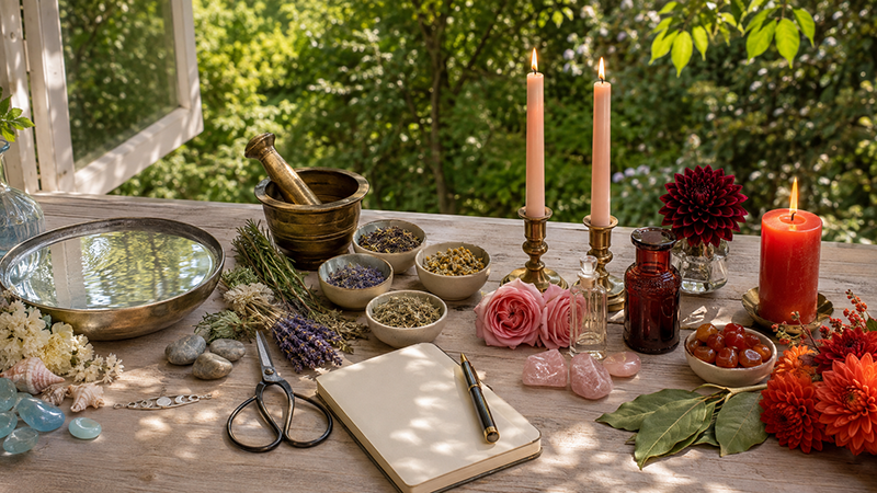 Sunlit ritual altar with candles, herbs, crystals, flowers, a mortar and pestle, bowls of dried botanicals, a reflective water basin, and a journal arranged beside an open window overlooking a lush garden.
