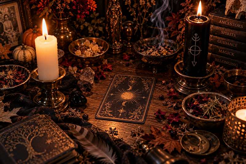 **Alt text:** Mystical ancestor altar with glowing black and white candles, incense smoke, crystals, dried herbs, autumn leaves, a celestial tarot card, an old family photograph, and books labeled Ancestors, Spirits, Guidance, Magick, and Belonging.