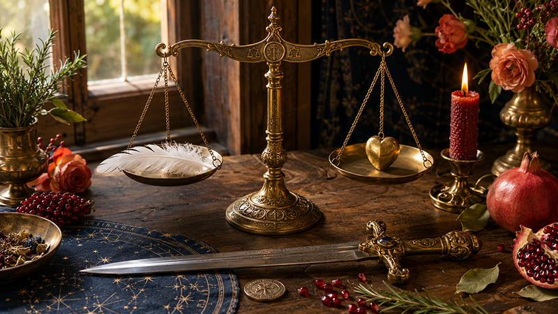 Ornate golden balance scales holding a white feather and gold heart, surrounded by a lit candle, flowers, pomegranates, herbs, a ceremonial sword, and celestial symbols on a mystical altar.