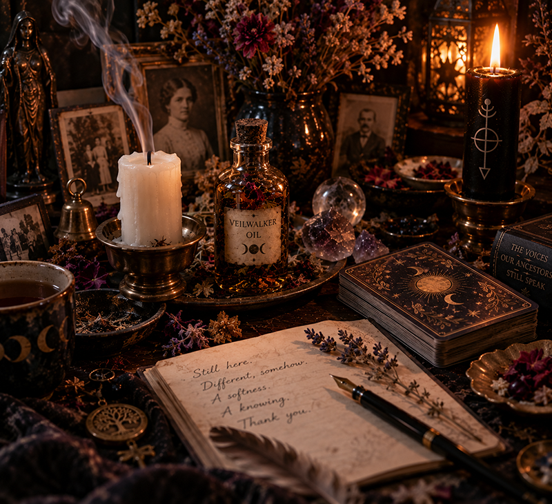 **Alt text:** Mystical ancestor altar with glowing candles, drifting incense smoke, antique family photographs, dried flowers, crystals, tarot cards, a bottle labeled “Veilwalker Oil,” and an open handwritten journal surrounded by ritual objects.