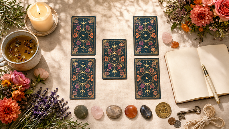 Overhead tarot reading setup with five floral-backed cards, a glowing candle, herbal tea, flowers, crystals, lavender, an open journal, antique key, coins, and celestial charms on a sunlit table.