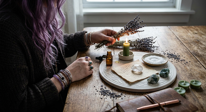 Woman with purple hair performing a candle ritual at a wooden table, holding dried lavender over an altar arranged with crystals, salt, essential oil, handwritten paper, and green candles.