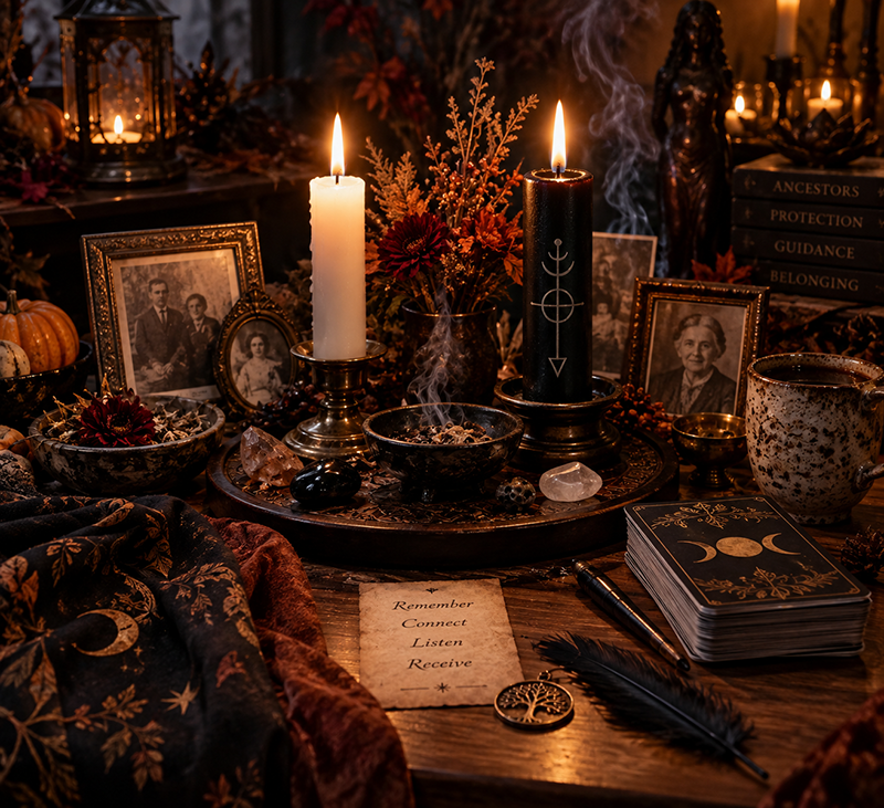A warm, candlelit Samhain altar with black and white candles, framed ancestral photographs, autumn flowers, herbs, crystals, incense smoke, a journal, and a handwritten note reading “Remember, Connect, Listen, Receive.”