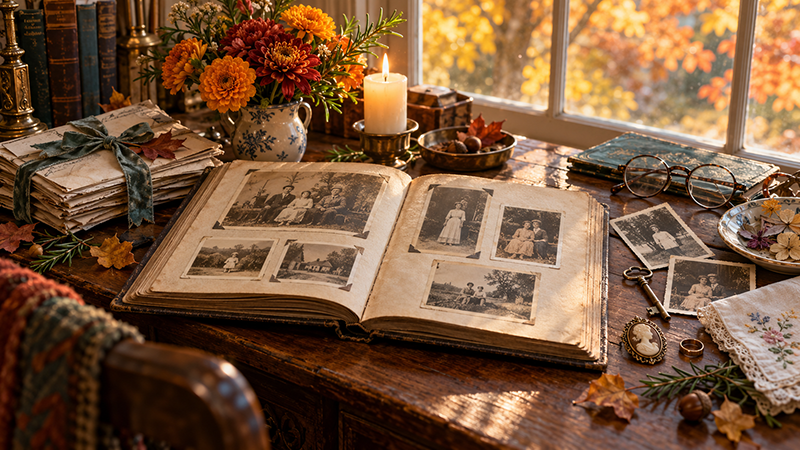 A vintage family photo album surrounded by autumn flowers, candlelight, and treasured keepsakes, celebrating ancestral memories and Samhain traditions.