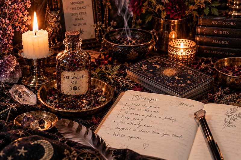 A candlelit Samhain altar with a bottle labeled “Veilwalker Oil,” tarot cards, crystals, herbs, incense smoke, autumn flowers, ancestral-themed books, and an open journal filled with handwritten spiritual messages.