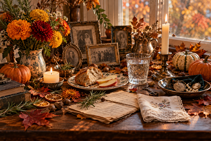 A beautifully arranged Samhain ancestor altar featuring family photographs, candles, autumn flowers, bread, apples, and symbolic offerings to honor loved ones.