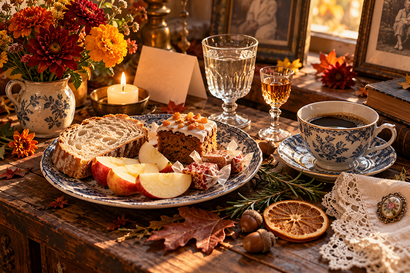 Traditional Samhain offerings of bread, apples, cake, and drinks arranged by candlelight to honor ancestors and celebrate the spiritual traditions of Halloween.