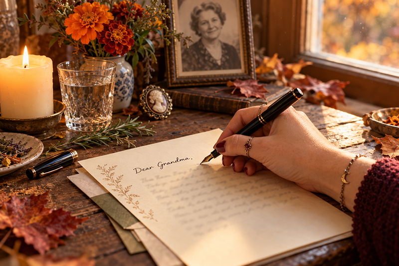 A heartfelt letter to a departed grandmother, written by candlelight beside family photographs and autumn flowers as part of a Samhain ancestor remembrance ritual.