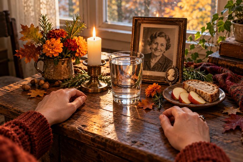 A peaceful Samhain ancestor altar with a glowing candle, family portrait, water, and offerings, creating a sacred space for remembrance and spiritual connection.