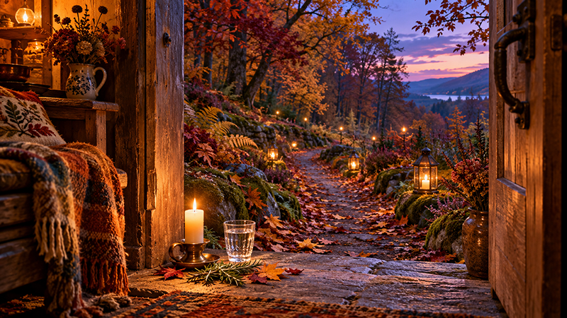 A magical autumn pathway illuminated by lanterns at twilight, symbolizing the thinning veil between the living and spirit worlds during the sacred festival of Samhain.